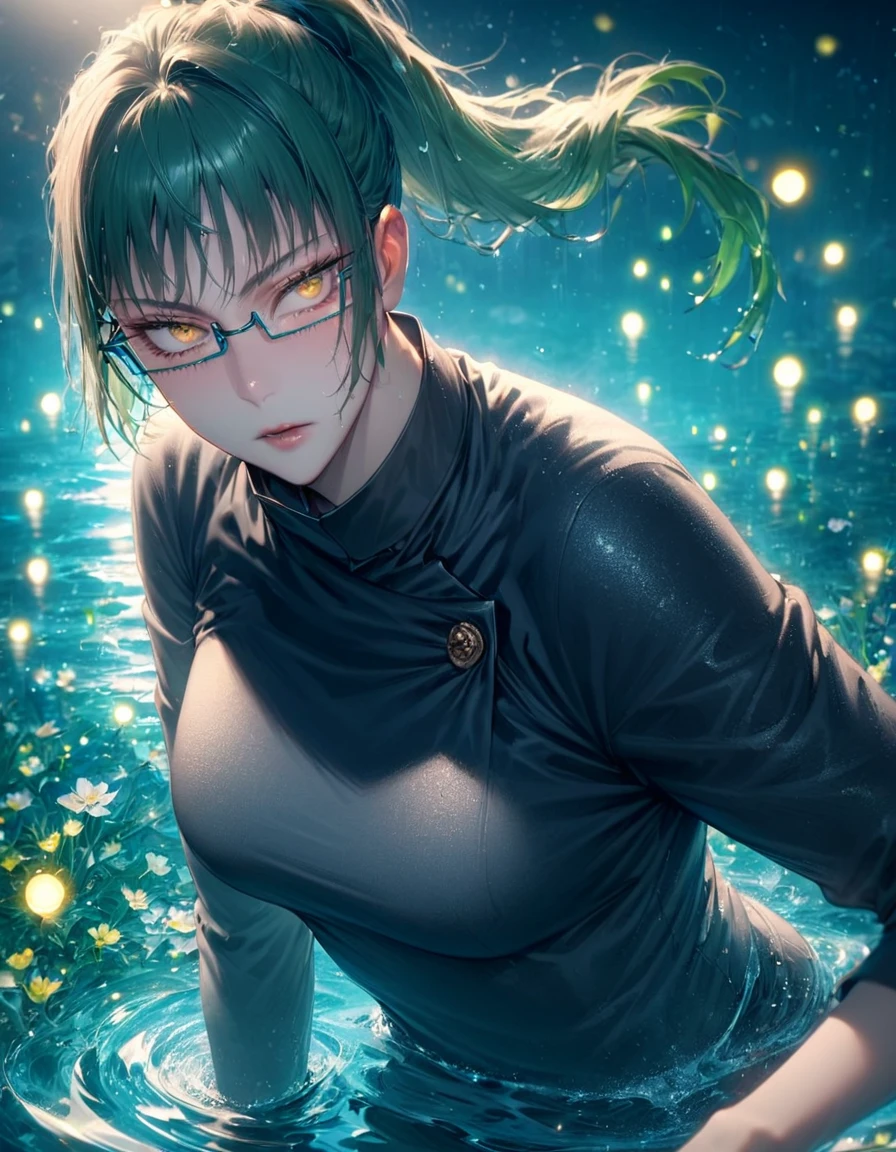 absurdres, highres, ultra detailed, HDR, master piece, Zenin Maki, expressive yellow eyes, green hair tied in a ponytail, black glasses, Jujutsu Kaisen, woman, water, extremely beautiful, best quality, flowers, fantasy, magical, solo, blue shining fireflies, blue petals, black shirt, blue moon