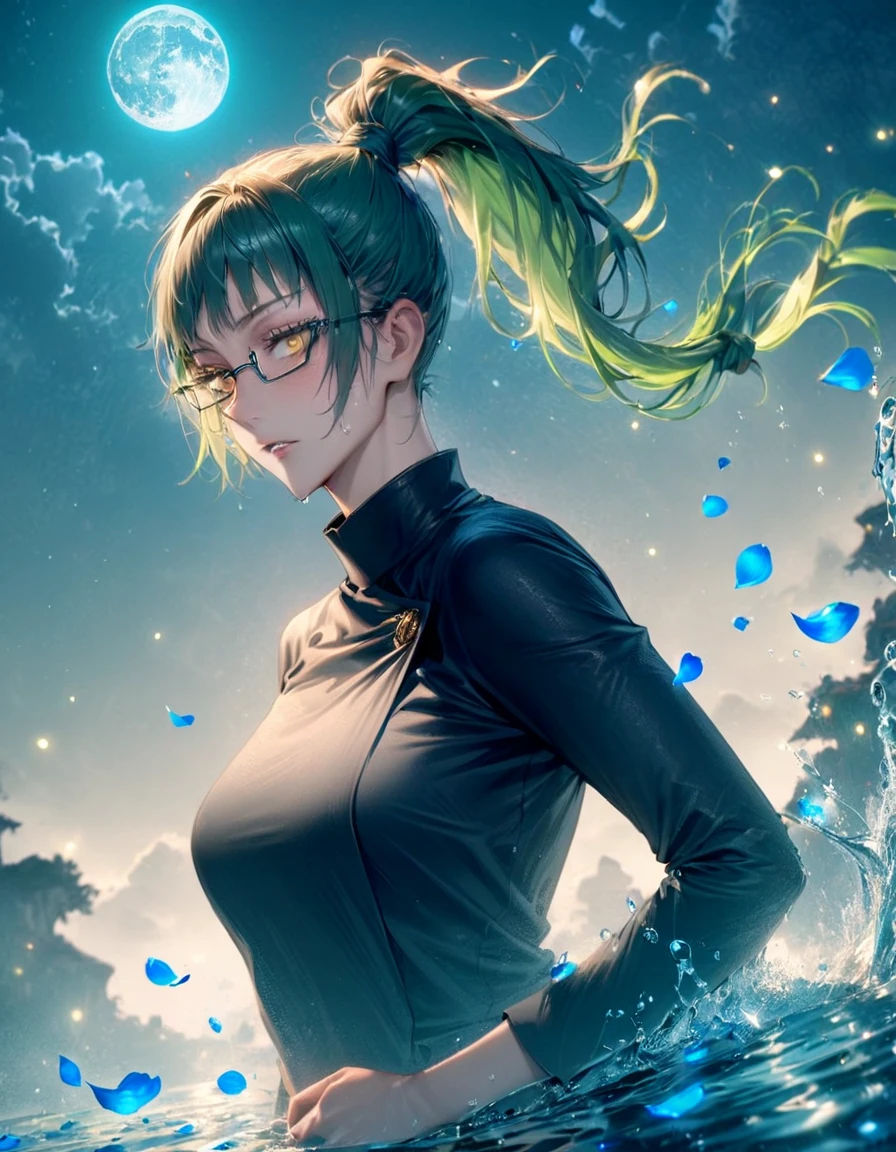 absurdres, highres, ultra detailed, HDR, master piece, Zenin Maki, expressive yellow eyes, green hair tied in a ponytail, black glasses, Jujutsu Kaisen, woman, water, extremely beautiful, best quality, flowers, fantasy, magical, solo, blue shining fireflies, blue petals, black shirt, blue moon