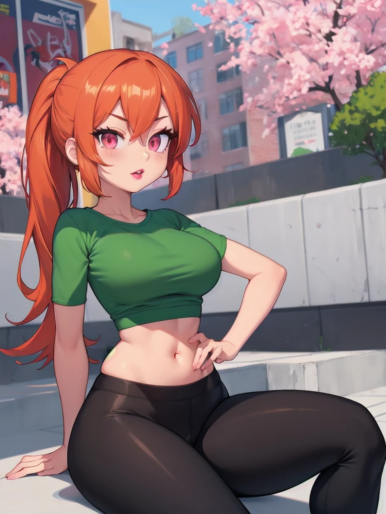  wide hips, thighs, Vicky, ponytail, lipstick, midriff, 1girl, green crop top, pink eyes, black pants, orange hair. solo girl, sitting