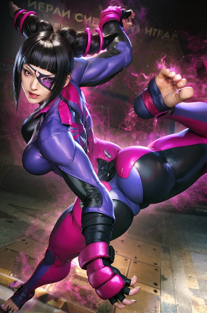 a close up of a woman in a purple and black outfit, juri han from street fighter, juri misaki, fighting game character, extremely detailed artgerm, range murata and artgerm, artgerm 4 k, as a character in tekken, style artgerm, hq artwork, kate bishop, portrait ninja gaiden girl, big ass, bent over, huge hips, latex, big breasts, huge ass