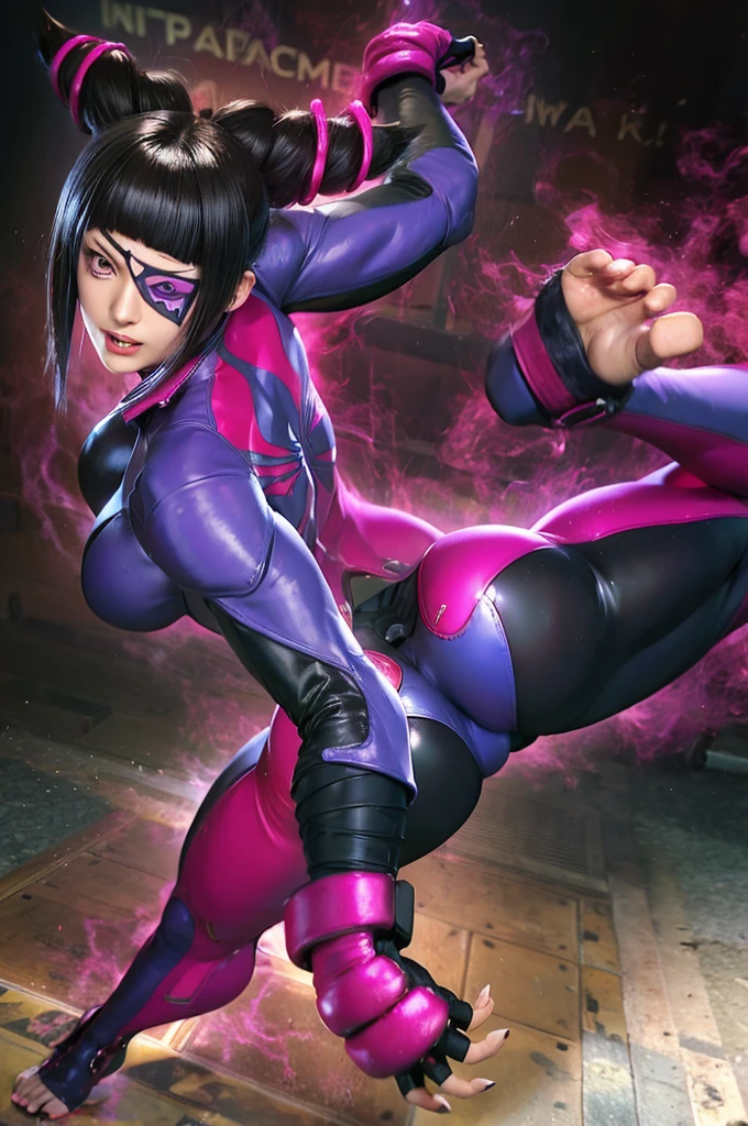 a close up of a woman in a purple and black outfit, juri han from street fighter, juri misaki, fighting game character, extremely detailed artgerm, range murata and artgerm, artgerm 4 k, as a character in tekken, style artgerm, hq artwork, kate bishop, portrait ninja gaiden girl, big ass, bent over, huge hips, latex, big breasts, huge ass