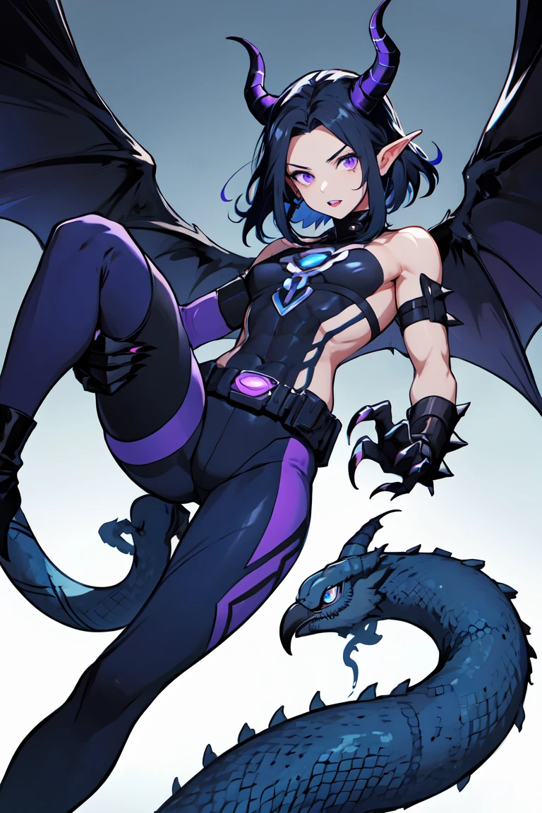 1. Light skinned woman 2. Long spiky navy blue hair/dark 3. lips painted blue and purple 4. Purple eyes 5. Attractive clothing with technological implants whose predominant colors are Blue and Purple (Example Alita from Battle Angel) 6. wears dark blue boots 7. He has blue gloves 8. Both his arms and legs are uncovered., that is to say, his technological combat suit only covers his torso, waist and chest, the elbows, arms and legs are uncovered.1. 3 eyes 2. It has a total of 6 horns, 2 large main ones located in the two upper corners of its forehead, and two other small horns located on both sides, that is to say, each main crow has another small horn on each side 3. Increases your body size and muscles 4. sharp teeth, with one I came long as a snake 5. The tongue is purple 6. His ears transform into a dark elf shape 7. Your skin turns gray 8. Claws come out of his hands 9. Gets wings similar to Maleficent 10&#39;s. Its main colors purple and black