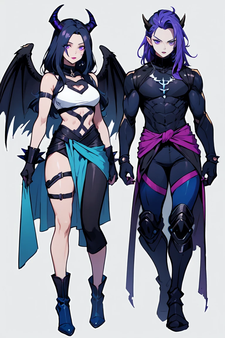 1. Light skinned woman 2. Long spiky navy blue hair/dark 3. lips painted blue and purple 4. Purple eyes 5. Attractive clothing with technological implants whose predominant colors are Blue and Purple (Example Alita from Battle Angel) 6. wears dark blue boots 7. He has blue gloves 8. Both his arms and legs are uncovered., that is to say, his technological combat suit only covers his torso, waist and chest, the elbows, arms and legs are uncovered.1. 3 eyes 2. It has a total of 6 horns, 2 large main ones located in the two upper corners of its forehead, and two other small horns located on both sides, that is to say, each main crow has another small horn on each side 3. Increases your body size and muscles 4. sharp teeth, with one I came long as a snake 5. The tongue is purple 6. His ears transform into a dark elf shape 7. Your skin turns gray 8. Claws come out of his hands 9. Gets wings similar to Maleficent 10&#39;s. Its main colors purple and black