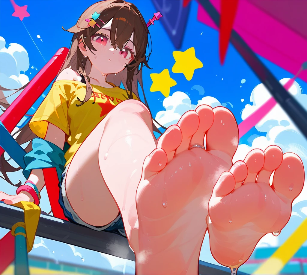 A woman showing her stinky feet low angle，barefoot，Sole，Sweating on the soles of the feet，Water dripping from the soles of feet，Foot Focus，yellow off-the-shoulder T-shirt，Bangs between the eyes，Long hair，Brown hair，Denim shorts，Anatomically correct, There is a huge five-pointed star hairpin in the hair，pink eyes，Look at the audience