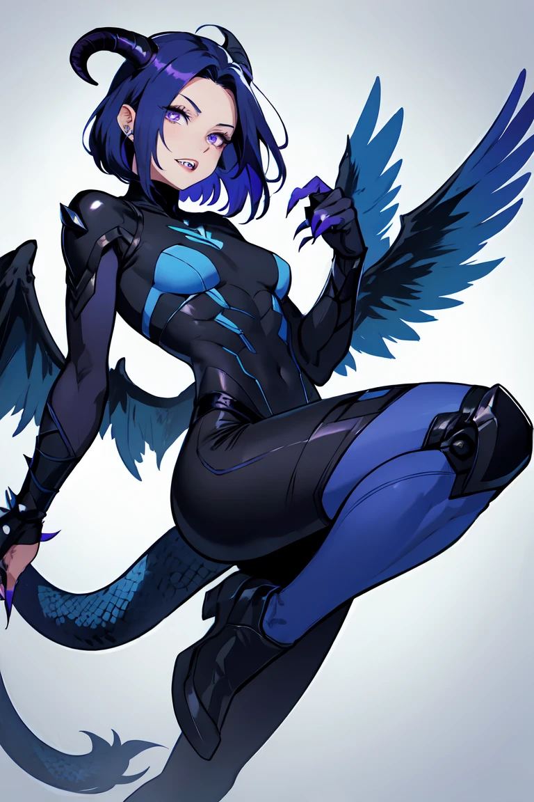 1. Light skinned woman 2. Long spiky navy blue hair/dark 3. lips painted blue and purple 4. Purple eyes 5. Attractive clothing with technological implants whose predominant colors are Blue and Purple (Example Alita from Battle Angel) 6. wears dark blue boots 7. He has blue gloves 8. Both his arms and legs are uncovered., that is to say, his technological combat suit only covers his torso, waist and chest, the elbows, arms and legs are uncovered.1. 3 eyes 2. It has a total of 6 horns, 2 large main ones located in the two upper corners of its forehead, and two other small horns located on both sides, that is to say, each main crow has another small horn on each side 3. Increases your body size and muscles 4. sharp teeth, with one I came long as a snake 5. The tongue is purple 6. His ears transform into a dark elf shape 7. Your skin turns gray 8. Claws come out of his hands 9. Gets wings similar to Maleficent 10&#39;s. Its main colors purple and black