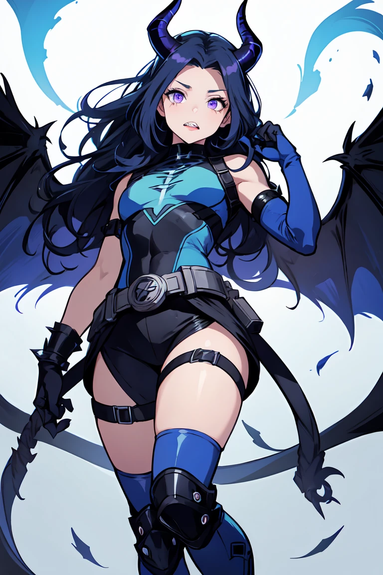 1. Light skinned woman 2. Long spiky navy blue hair/dark 3. lips painted blue and purple 4. Purple eyes 5. Attractive clothing with technological implants whose predominant colors are Blue and Purple (Example Alita from Battle Angel) 6. wears dark blue boots 7. He has blue gloves 8. Both his arms and legs are uncovered., that is to say, his technological combat suit only covers his torso, waist and chest, the elbows, arms and legs are uncovered.1. 3 eyes 2. It has a total of 6 horns, 2 large main ones located in the two upper corners of its forehead, and two other small horns located on both sides, that is to say, each main crow has another small horn on each side 3. Increases your body size and muscles 4. sharp teeth, with one I came long as a snake 5. The tongue is purple 6. His ears transform into a dark elf shape 7. Your skin turns gray 8. Claws come out of his hands 9. Gets wings similar to Maleficent 10&#39;s. Its main colors purple and black