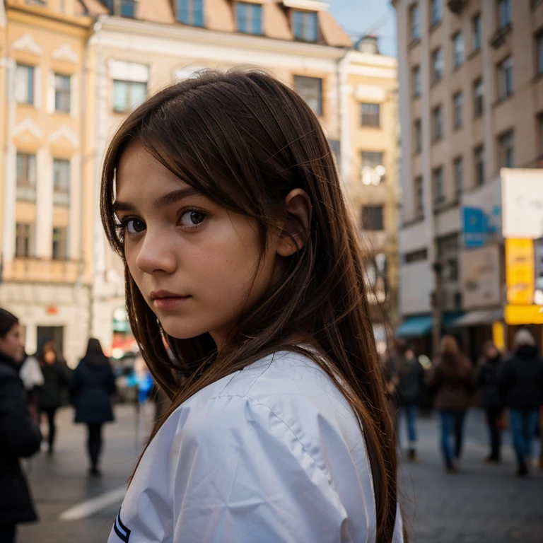 Photo of a girl with brown hair, photo for Avatar , Slavic woman, ager, looking away from the camera, against the backdrop of Kyiv