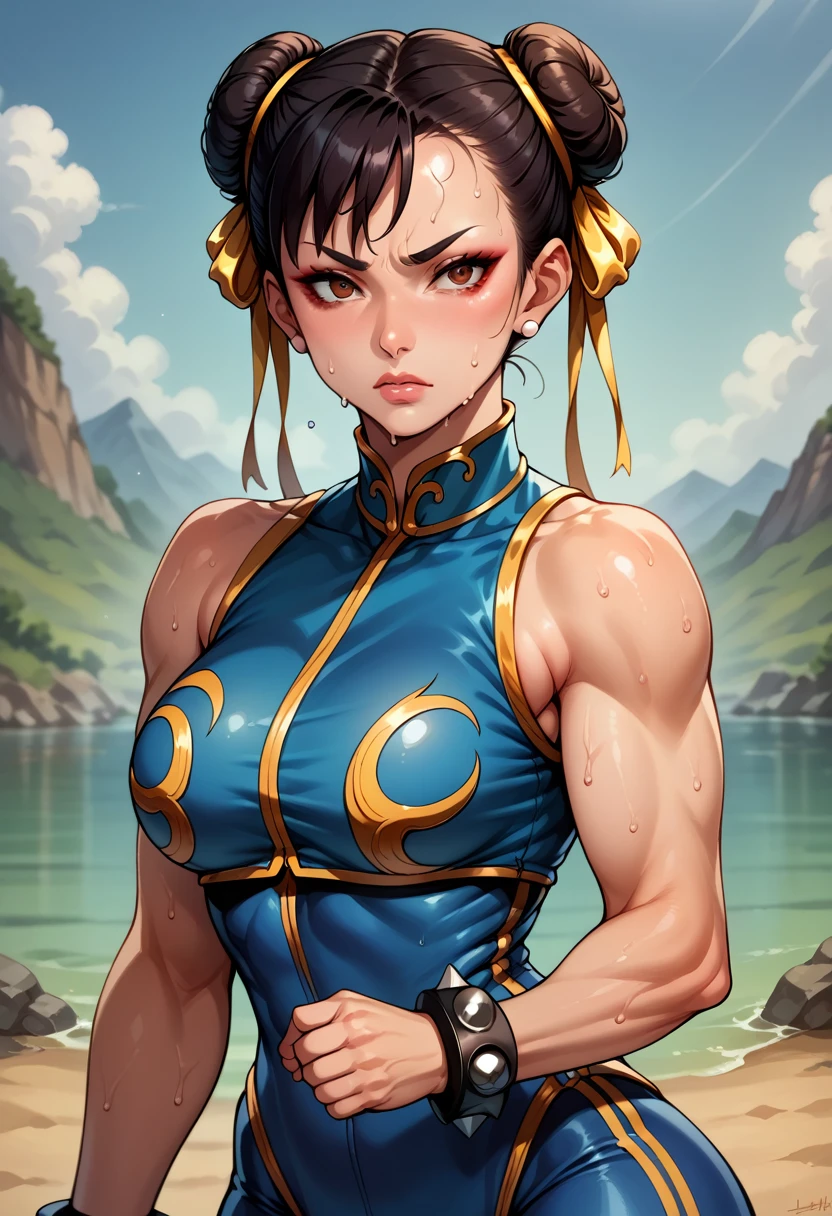 score_9, score_8_up, score_7_up, BREAK, score_9, 1girl, chun-li (\street fighter)\, yellow ribbon, double bun, sweat, wet, tired, yellow stripes, black hair, brown eyes, makeup, eyelashes, short hair, breasts, looking at viewer, fist on hand, lips, alpha_costume, blue bodysuit, blue leotard, blue vest, sleeveless, cowboy shot, landscape,