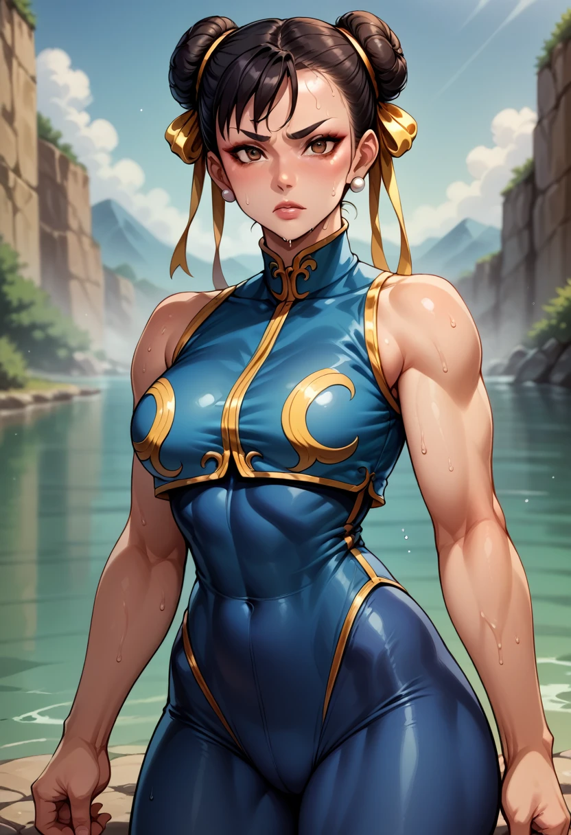 score_9, score_8_up, score_7_up, BREAK, score_9, 1girl, chun-li (\street fighter)\, yellow ribbon, double bun, sweat, wet, tired, yellow stripes, black hair, brown eyes, makeup, eyelashes, short hair, breasts, looking at viewer, fist on hand, lips, alpha_costume, blue bodysuit, blue leotard, blue vest, sleeveless, cowboy shot, landscape,