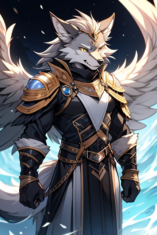 solo, Male, 16, wolf, grayish-blue fur, dark gray markings, amber eyes, light blue sectoral heterochromia, leathery wings, pale gray to light brown, lycan royalty, wolf ears, sharp canines, thin muscular build, predator's grace, tutelage, royal heritage, fiercely protective, eternal optimist, dry humor, aloof exterior, gentle nature, enigma, silent guardian, cross-dimensional friendship, thin body,