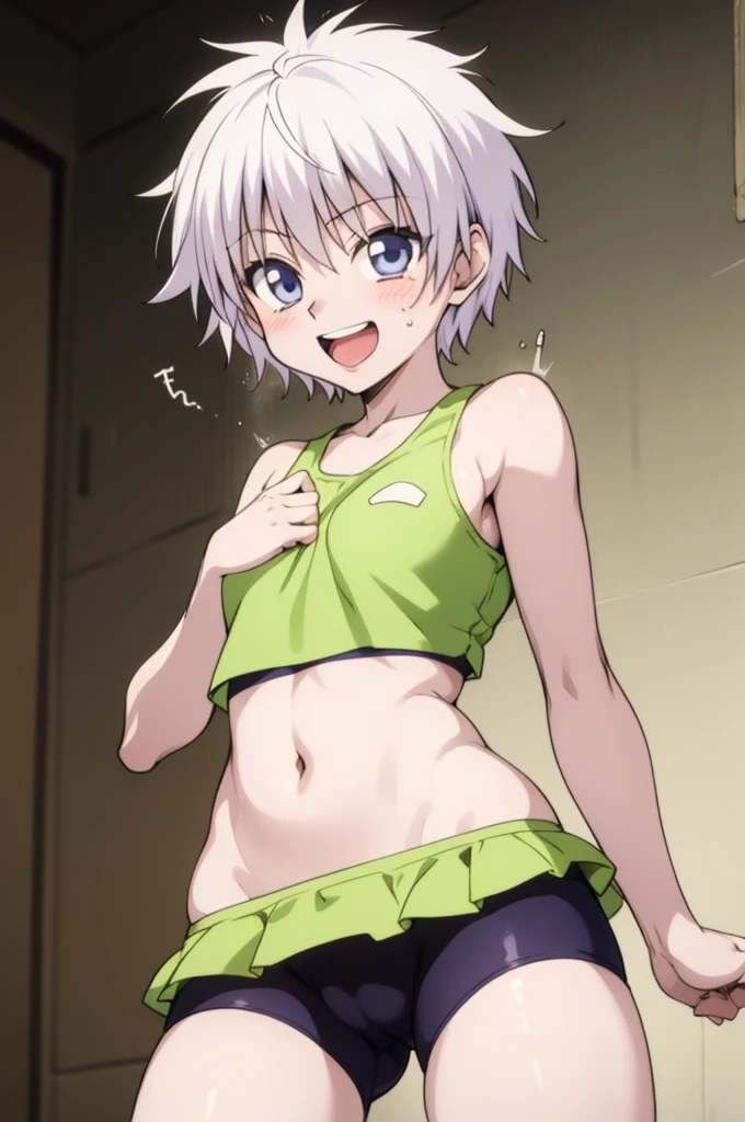 masterpiece, best quality, high quality, 1girl, solo, ,open mouth,tongue, looking at viewer, , killua_zoldyck, sports bra,bike shorts,small breasts,cowboy shot,sliver hair,(trembling:1.3),smile,cameltoe,blush