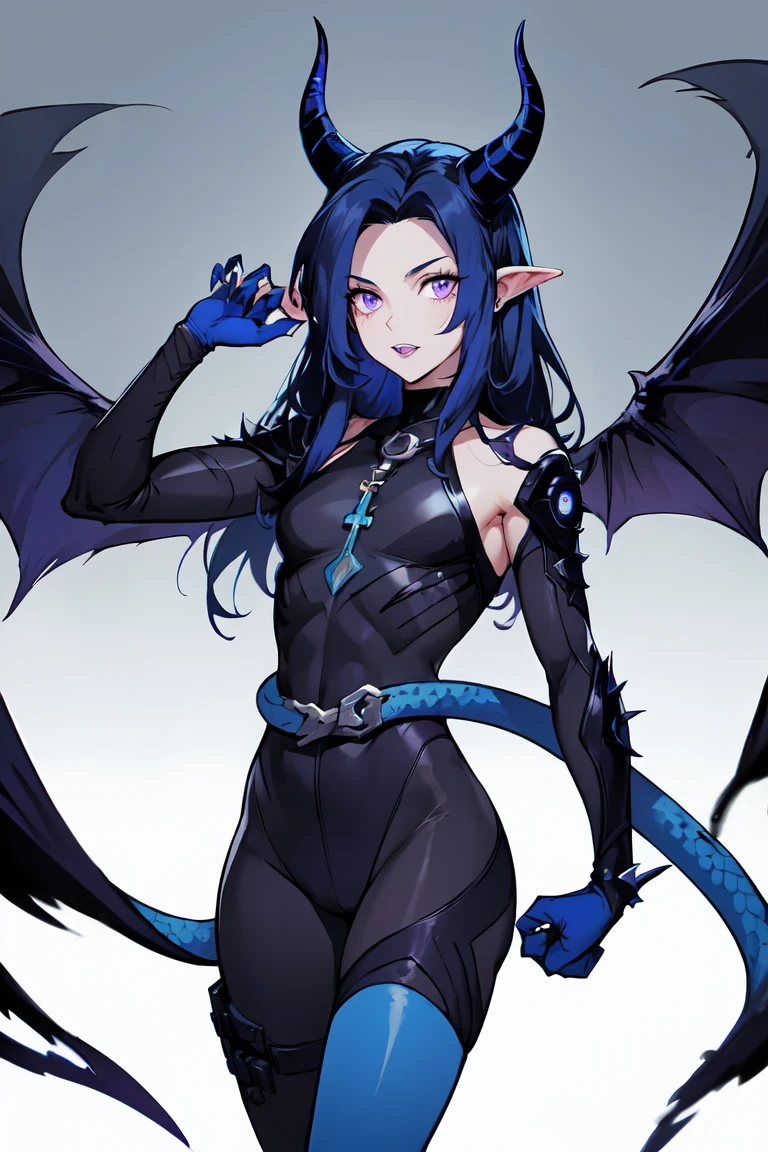 1. Light skinned woman 2. Long spiky navy blue hair/dark 3. lips painted blue and purple 4. Purple eyes 5. Attractive clothing with technological implants whose predominant colors are Blue and Purple (Example Alita from Battle Angel) 6. wears dark blue boots 7. He has blue gloves 8. Both his arms and legs are uncovered., that is to say, his technological combat suit only covers his torso, waist and chest, the elbows, arms and legs are uncovered.1. 3 eyes 2. It has a total of 6 horns, 2 large main ones located in the two upper corners of its forehead, and two other small horns located on both sides, that is to say, each main crow has another small horn on each side 3. Increases your body size and muscles 4. sharp teeth, with one I came long as a snake 5. The tongue is purple 6. His ears transform into a dark elf shape 7. Your skin turns gray 8. Claws come out of his hands 9. Gets wings similar to Maleficent 10's. Its main colors purple and black