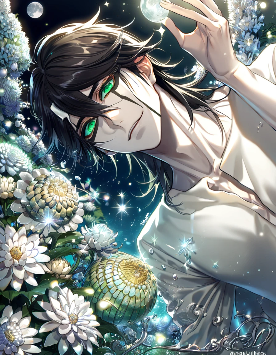 absurdres, highres, ultra detailed, HDR, master piece, best quality, extremely detailed, Ulquiorra Cifer, black hair, expressive green eyes, Bleach, solo, sexy man, handsome, smile, pale skin, white clothes, fantasy, water, sparkling, silver glittering fireflies, silver moon, silver blossoms, silver chrysanthemums, silver sparkling lights, starry sky, magical