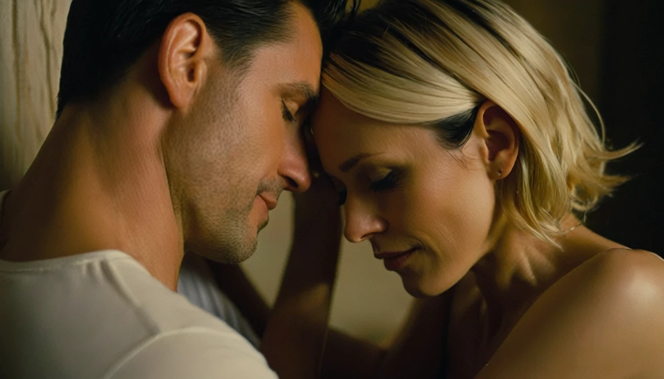 a couple, man in his 30s, short black hair, woman in her 30s, blonde, sensual, medium breasts, couple embracing in a seductive and intimate environment