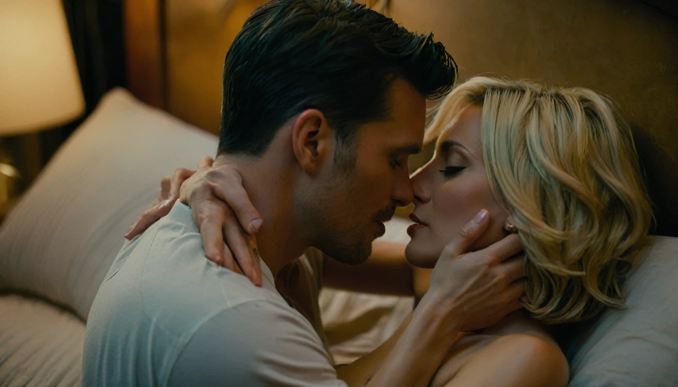 a couple, man in his 30s, short black hair, woman in her 30s, blonde, sensual, medium breasts, couple embracing in a seductive and intimate environment