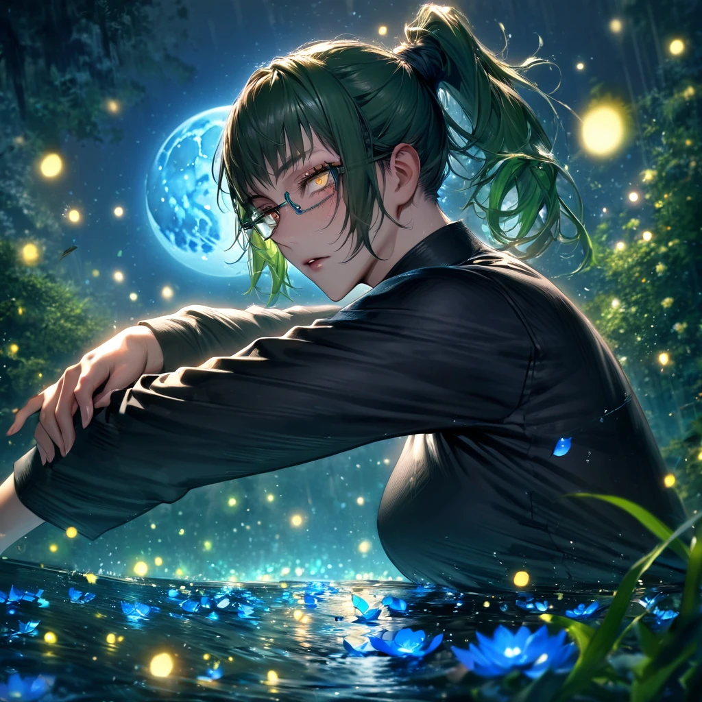 absurdres, highres, ultra detailed, HDR, master piece, Zenin Maki, expressive yellow eyes, green hair tied in a ponytail, black glasses, Jujutsu Kaisen, woman, water, extremely beautiful, best quality, flowers, fantasy, magical, solo, blue shining fireflies, blue petals, black shirt, blue moon