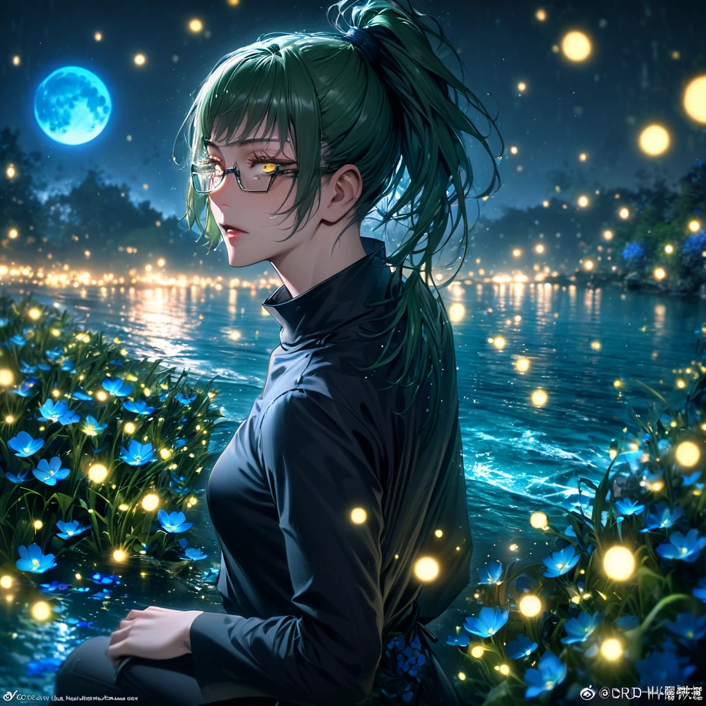 absurdres, highres, ultra detailed, HDR, master piece, Zenin Maki, expressive yellow eyes, green hair tied in a ponytail, black glasses, Jujutsu Kaisen, woman, water, extremely beautiful, best quality, flowers, fantasy, magical, solo, blue shining fireflies, blue petals, black shirt, blue moon