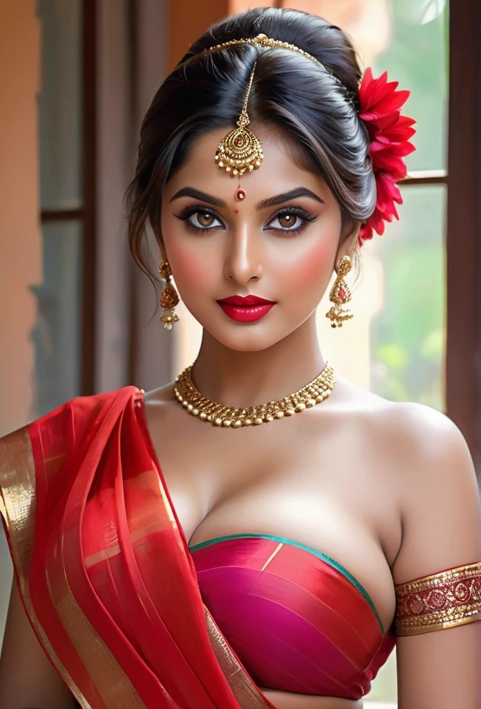 perfect pink eyes, fantastic face, resmi r nair Indian woman, beautiful look, ((red lips, bright eyes, curve heir 1.5)), ((beautiful details very big breast )), (Straight round and ultra huge clevage, not sagging breast), A glorious gorgeous, glorious gorgeous face, pretty face, bright eyes, detailed elegant printed red saree, updo elegant hair, blurred gray tones background, ultra focus, face ilumined, face detailed, 8k resolution, painted, dry brush, brush strokes, razumov style and garmash style, by Tokaito,  ((Full Open )), full body, sexy open thin belly, upper body part totally naked, sexy Big breast, wearing colourful bikini 