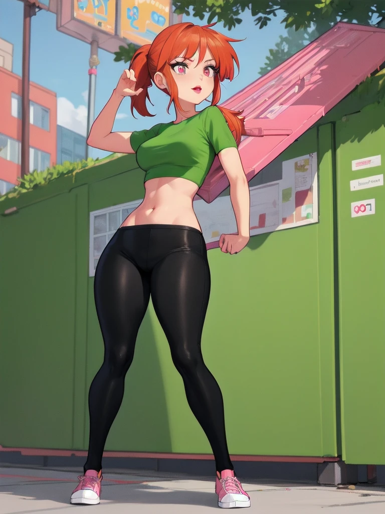 wide hips, thighs, Vicky, ponytail, lipstick, midriff, 1girl, green crop top, pink eyes, black pants, orange hair. solo girl, sitting, full body