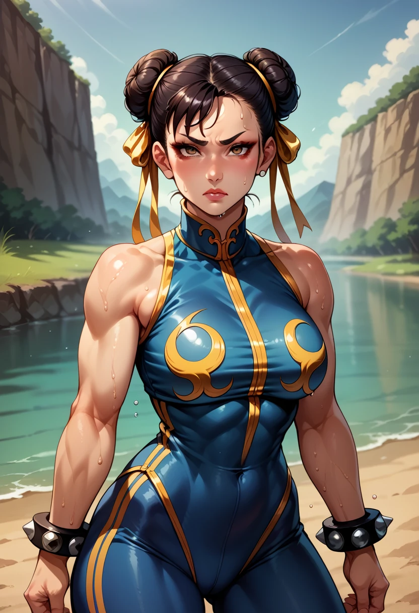 score_9, score_8_up, score_7_up, BREAK, score_9, 1girl, chun-li (\street fighter)\, yellow ribbon, double bun, sweat, wet, tired, hand in forehead, yellow stripes, black hair, brown eyes, makeup, eyelashes, short hair, , looking at viewer, fist on hand, lips, alpha_costume, blue , blue leotard, blue vest, sleeveless, cowboy shot, landscape,
