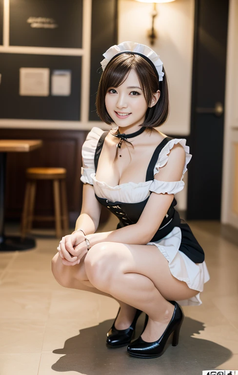(An intellectual lady with a light-colored maid outfit, reading a book, squatting with grace at a maid-theme cafe, friendly body lanugage, kind smile, positive vibes, full body shot, bokeh background, wearing high heels, red choker, short bob hair, squatting pose, family-friendly masterpiece, (best quality,4k,8k,highres,masterpiece:1.2),ultra-detailed,(realistic,photorealistic,photo-realistic:1.37),detailed facial features,beautiful detailed eyes,beautiful detailed lips,extremely detailed face,longeyelashes,maid uniform,maid cafe interior,studio lighting,vivid colors,warm lighting)
