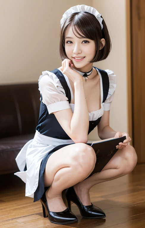 (An intellectual lady with a light-colored maid outfit, reading a book, squatting with grace at a maid-theme cafe, friendly body lanugage, kind smile, positive vibes, full body shot, bokeh background, wearing high heels, red choker, short bob hair, squatting pose, family-friendly masterpiece, (best quality,4k,8k,highres,masterpiece:1.2),ultra-detailed,(realistic,photorealistic,photo-realistic:1.37),detailed facial features,beautiful detailed eyes,beautiful detailed lips,extremely detailed face,longeyelashes,maid uniform,maid cafe interior,studio lighting,vivid colors,warm lighting)