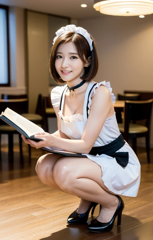 (An intellectual lady with a light-colored maid outfit, reading a book, squatting with grace at a maid-theme cafe, friendly body lanugage, kind smile, positive vibes, full body shot, bokeh background, wearing high heels, red choker, short bob hair, squatting pose, family-friendly masterpiece, (best quality,4k,8k,highres,masterpiece:1.2),ultra-detailed,(realistic,photorealistic,photo-realistic:1.37),detailed facial features,beautiful detailed eyes,beautiful detailed lips,extremely detailed face,longeyelashes,maid uniform,maid cafe interior,studio lighting,vivid colors,warm lighting)