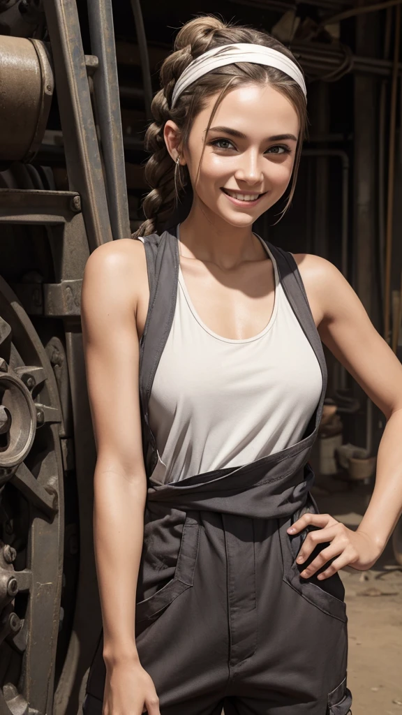 Female mechanic, dirty jumpsuit, dirty white tank top, dirty face, brown braided ponytail hairstyle, bandana, big smile, NSFW