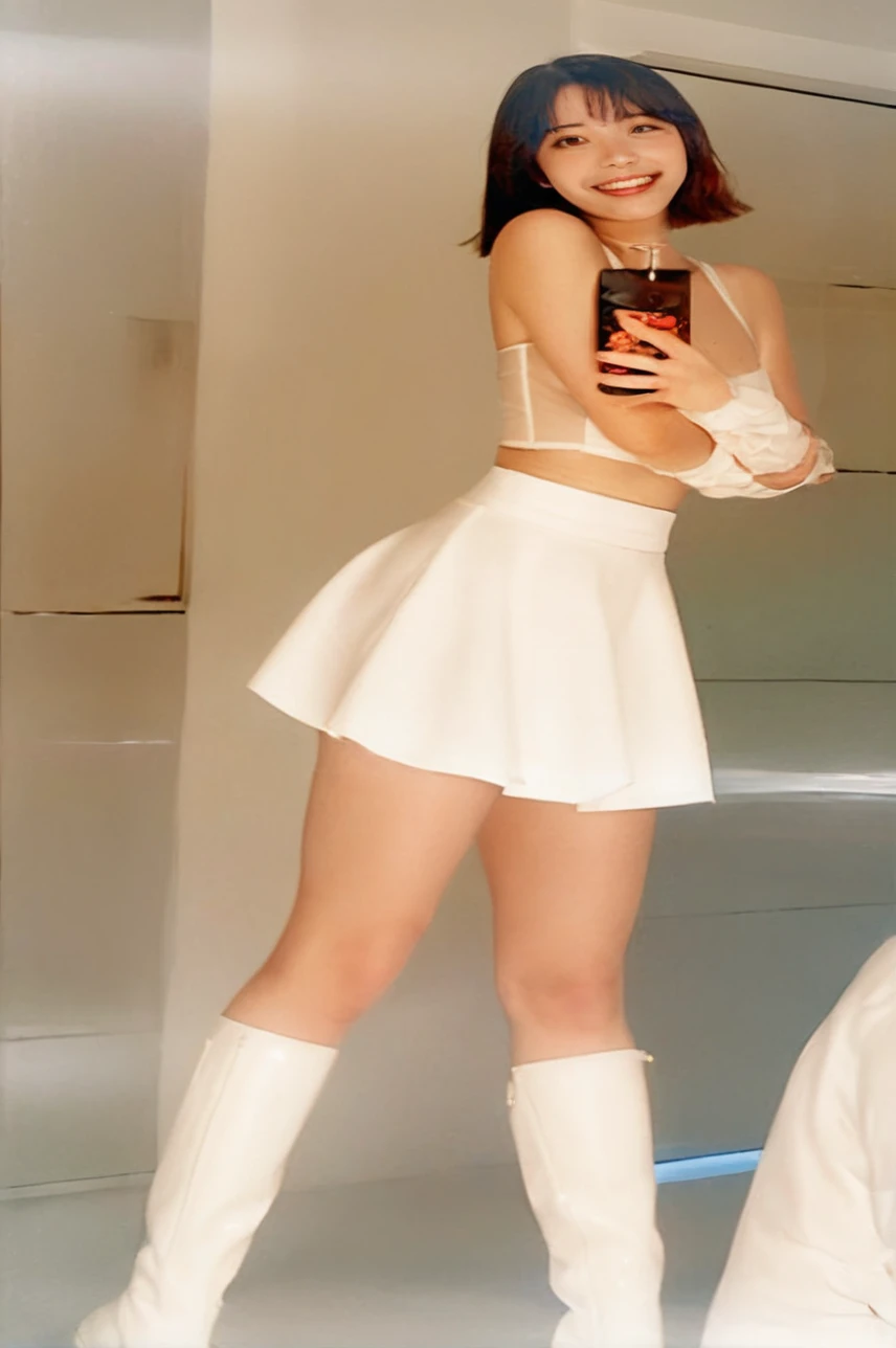 there is a woman in a white dress and knee-high boots, White skirt, miniWhite skirt, wearing White skirt, White skirt and barechest, Skater skirt, White suit sedoso, White suit, full body view, mini skirt, short skirt, in white clothes, pale milky white porcelain skin, soft and translucent white skin, White suit hinchado, see through