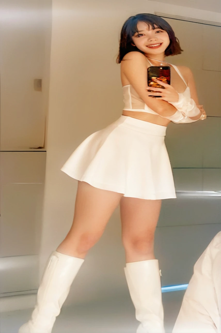 there is a woman in a white dress and knee-high boots, White skirt, miniWhite skirt, wearing White skirt, White skirt and barechest, Skater skirt, White suit sedoso, White suit, full body view, mini skirt, short skirt, in white clothes, pale milky white porcelain skin, soft and translucent white skin, White suit hinchado, see through