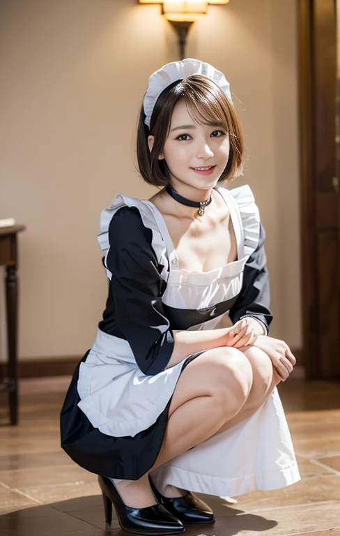 (An intellectual lady with a light-colored maid outfit, reading a book, squatting with grace at a maid-theme cafe, friendly body lanugage, kind smile, positive vibes, full body shot, bokeh background, wearing high heels, red choker, short bob hair, squatting pose, family-friendly masterpiece, (best quality,4k,8k,highres,masterpiece:1.2),ultra-detailed,(realistic,photorealistic,photo-realistic:1.37),detailed facial features,beautiful detailed eyes,beautiful detailed lips,extremely detailed face,longeyelashes,maid uniform,maid cafe interior,studio lighting,vivid colors,warm lighting)