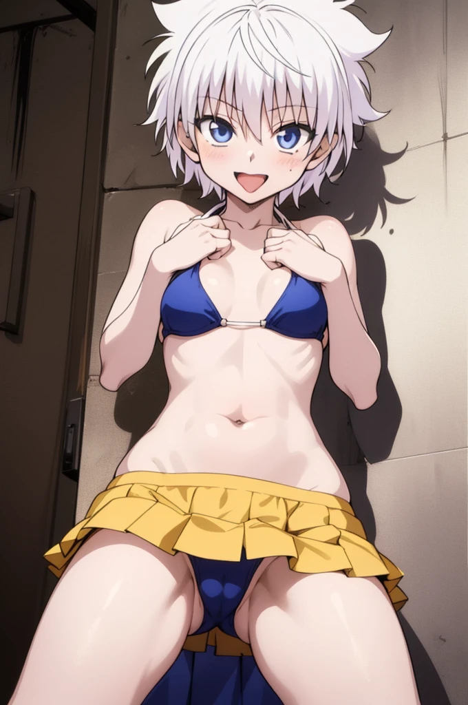 masterpiece, best quality, high quality, 1girl, solo, ,open mouth,tongue, looking at viewer, , killua_zoldyck, bikini,bikini skirt,small breasts,cowboy shot,sliver hair,(trembling:1.3),smile,cameltoe,blush