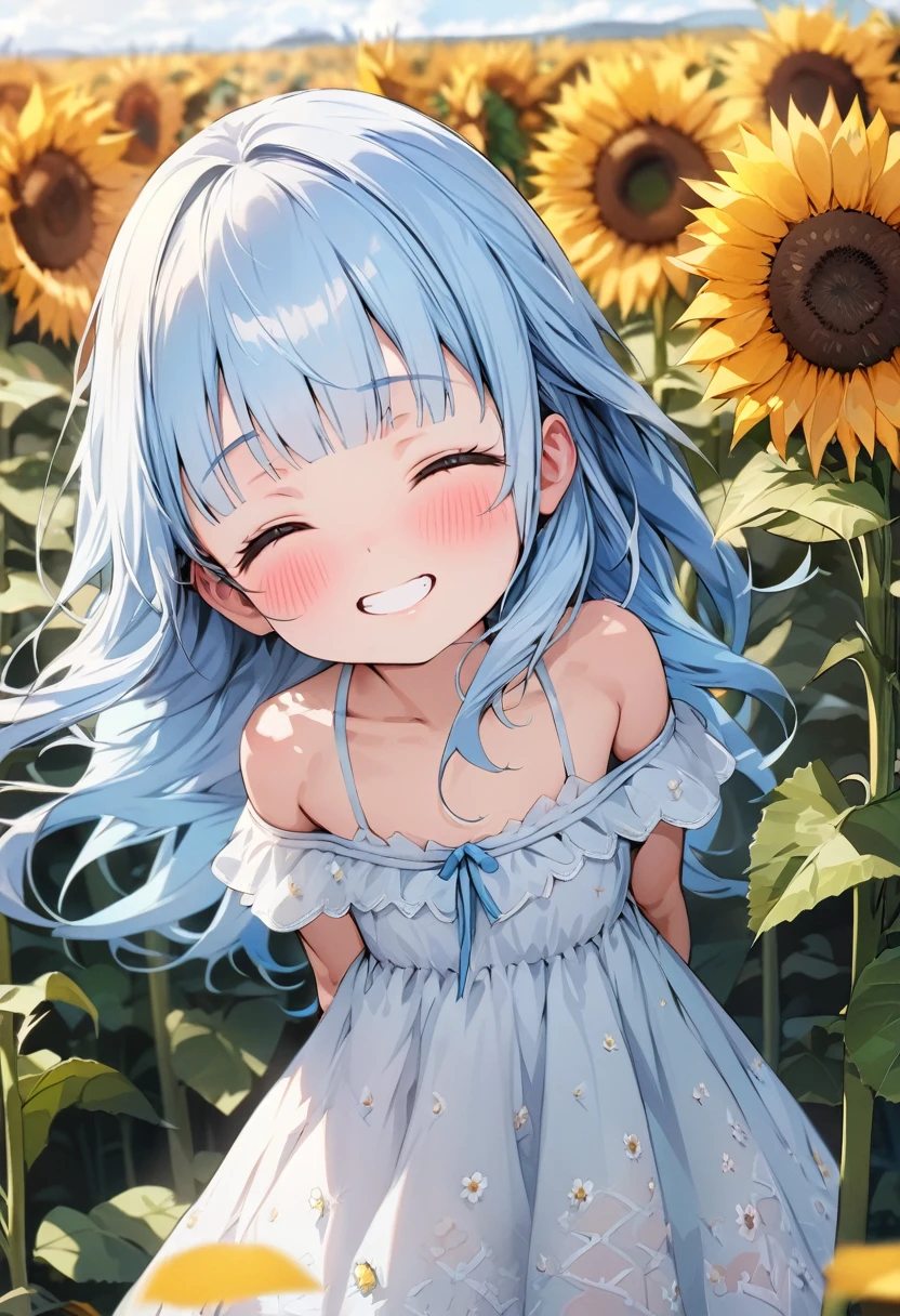 masterpiece, best quality, extremely detailed, (illustration, official art), 1 girl ,(((( light blue long hair)))), ,(((( light blue long hair)))),light blue hair, , long hair ((blush)) , cute face, masterpiece, best quality,(((((a very delicate and beautiful girl))))),Amazing,beautiful detailed eyes,blunt bangs((((little delicate girl)))),tareme(true beautiful:1.2), sense of depth,dynamic angle,,,, affectionate smile, (true beautiful:1.2),,(tiny 1girl model:1.2),)(flat chest) ,closed eyes, (masterpiece,high-quality,ultra detailed,8K,UHD,high-resolution,perfect anatomy,ultra complex and detiled), perfect anatomy, leaning forward, head tilt, standing, arms behind back, ( girl, petite:1.1),, (closed eyes:1.1), grin, embarrassed, blush, sunflower patterned dress, off shoulder, smile, flower, sunflower, flower field, field, dandelion, day, summer, solo, outdoors,
Opaque clothing