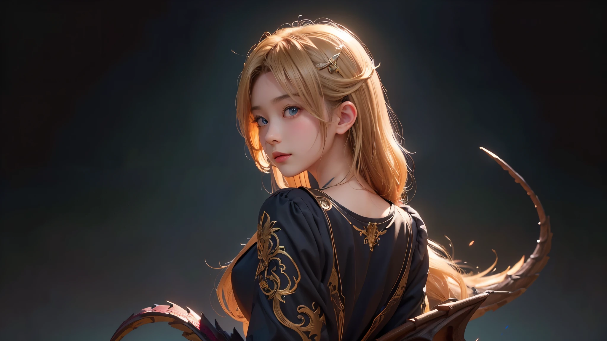 Polychrome,, night, dark, blonde, Show Viewer, In-person audience, Limited Edition Palette, Dragon Background, Shine,(Highly detailed CG Unity 8k wallpaper),(masterpiece), (Highest quality), (Vaporwave Style), (Super detailed), (Best illustrations),(Best Shadow),Perfect lighting , Perfect Anatomy , Vibrant colors、