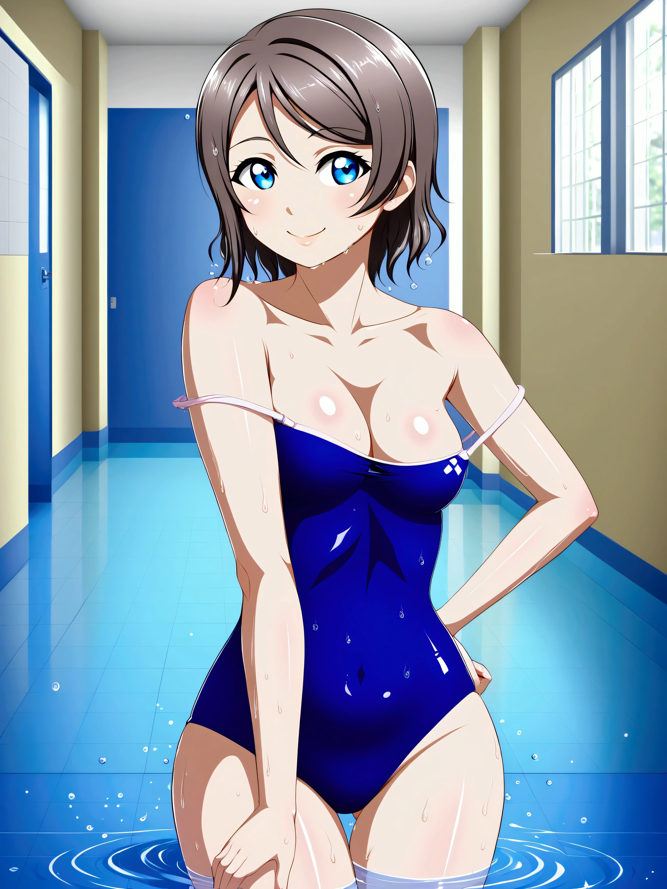 (Masterpiece), 8k wallpaper, solo, realistic art,Watanabe you, standing, facing viewer,school hallway, strap slip,one-piece swimsuit,low cut at hips, blue eyes, beautiful detailed face and eyes, half body inside pool , looking away,wet, (shiny water drops:1.2), smile 