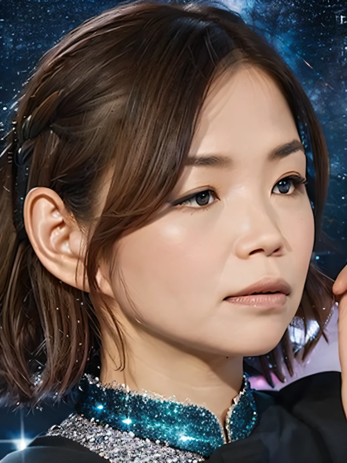 1 girl, alone, (astrologer), 
mysterious, Fantasy, Grace, Calm, silence, intellectual, Ancient, Across Time and Space, dream, Aura,
Dark eyeshadow, Star-shaped glitter, Shining Highlights, Rich Lip Color, Smokey Eye, Mysterious eyeliner, 
universe space, shooting star, planet,
An astrologer is pointing at a star with a magic wand,
Shining meteor shower, Magic Light, Reflection Milky Way