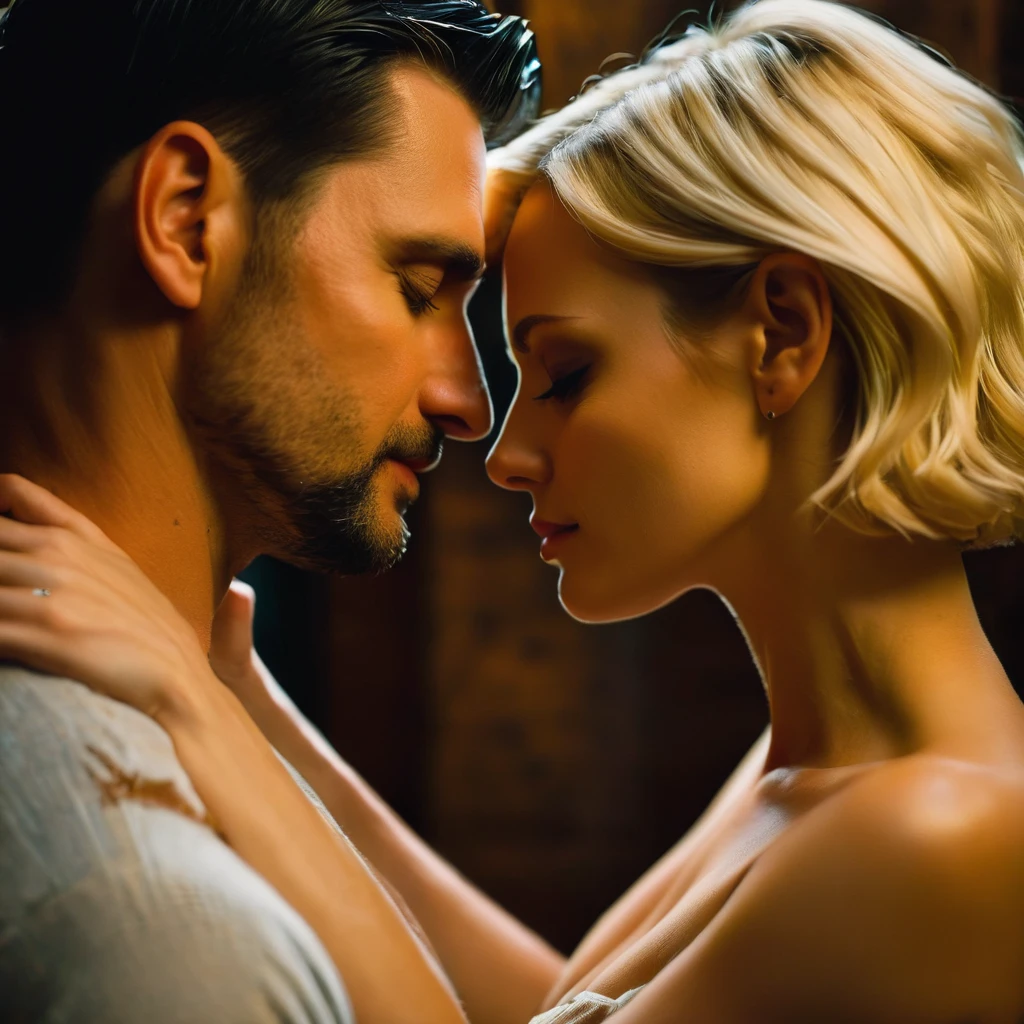 a couple, man in his 30s, short black hair, woman in her 30s, blonde, sensual, medium breasts, couple embracing in a seductive and intimate environment