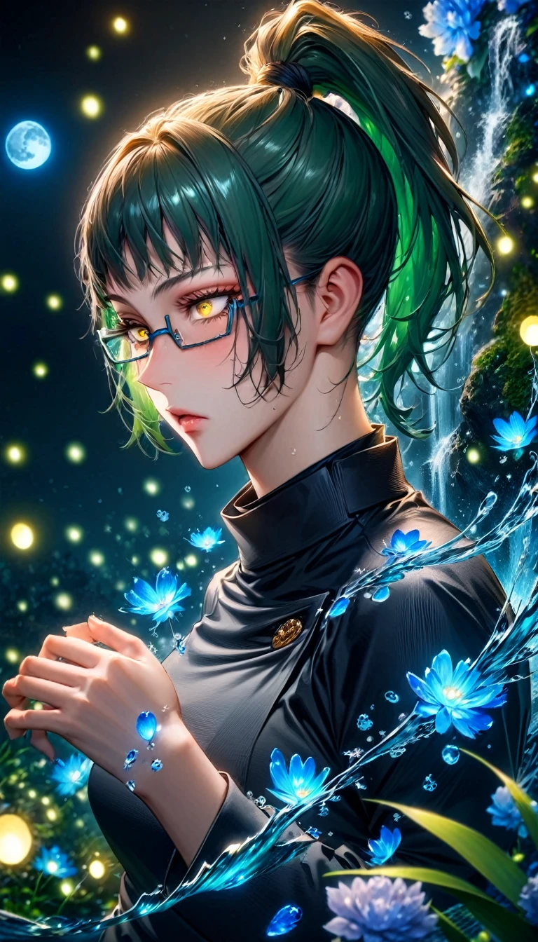 absurdres, highres, ultra detailed, HDR, master piece, Zenin Maki, expressive yellow eyes, green hair tied in a ponytail, black glasses, Jujutsu Kaisen, woman, water, extremely beautiful, best quality, flowers, fantasy, magical, solo, blue shining fireflies, blue petals, black shirt, blue moon