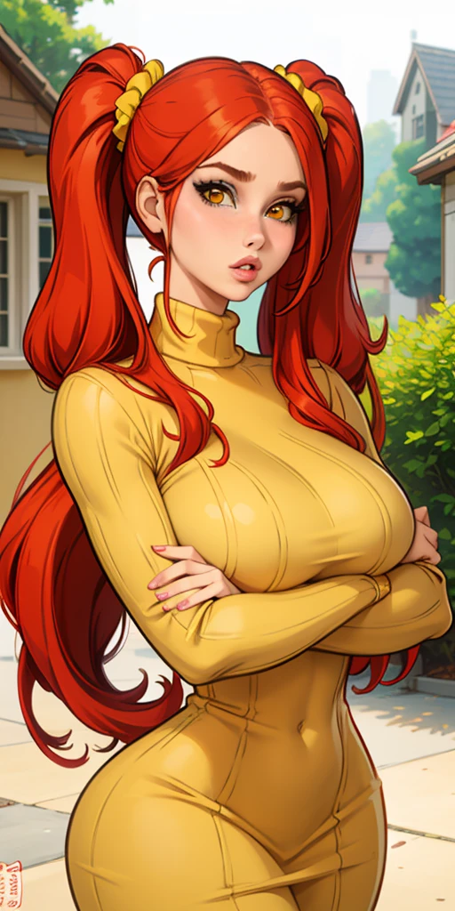 masterpiece, best quality, 1girl, solo, red hair, twintails, very long hair, yellow eyes, turtleneck, ribbed sweater, sweater dress, upper body, parted lips, lips, mature female, curvy, hair scrunchie, huge breasts, looking at viewer, crossed arms, house