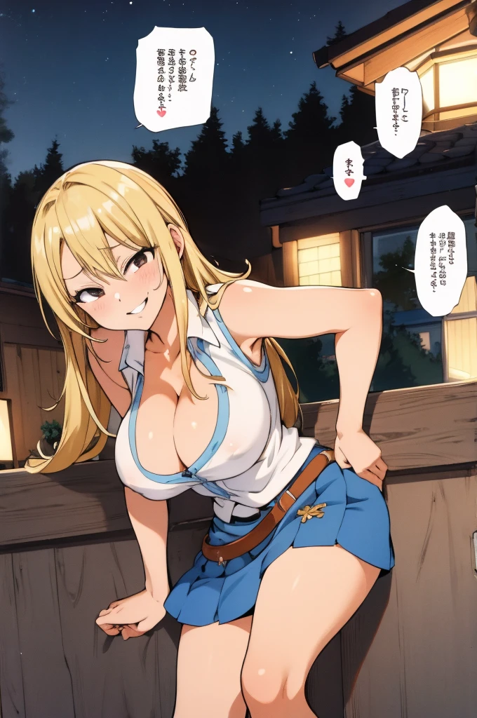 masterpiece, best quality, highres, lucy heartfilia, blonde hair, long hair, large breasts, white shirt, sleeveless, belt, blue skirt, outdoor,night,cleavage,(gyaru)