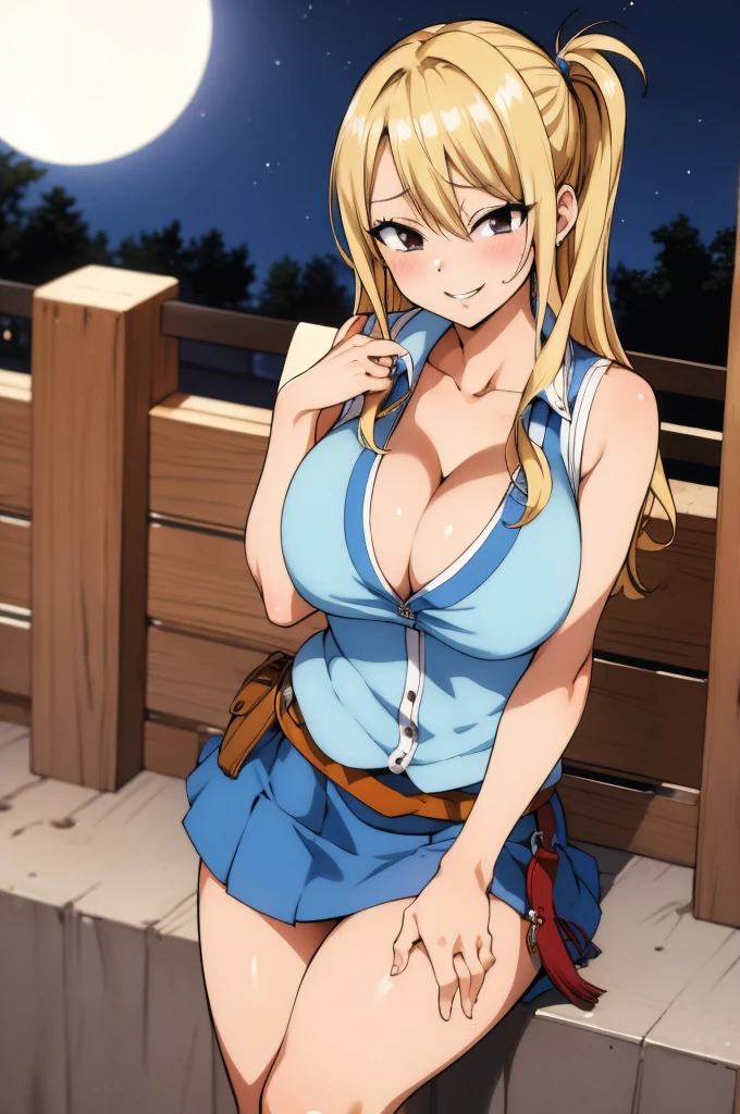 masterpiece, best quality, highres, lucy heartfilia, blonde hair, long hair, large breasts, white shirt, sleeveless, belt, blue skirt, outdoor,night,cleavage,(gyaru)