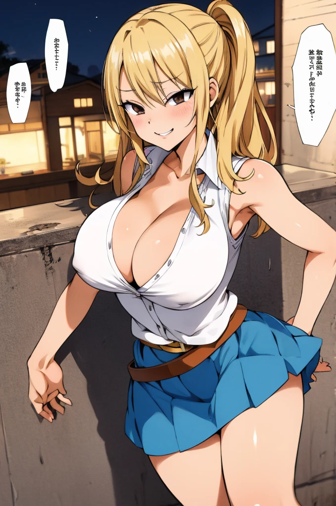 masterpiece, best quality, highres, lucy heartfilia, blonde hair, long hair, large breasts, white shirt, sleeveless, belt, blue skirt, outdoor,night,cleavage,(gyaru)