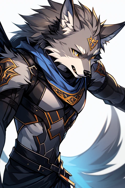 solo, Male, 16, wolf, grayish-blue fur, dark gray markings, amber eyes, light blue sectoral heterochromia, leathery wings, pale gray to light brown, wolf ears, sharp canines, thin muscular build, predator's grace, tutelage, royal heritage, fiercely protective, eternal optimist, dry humor, gentle nature, enigma, silent guardian, cross-dimensional friendship, young, thin body, lean body,