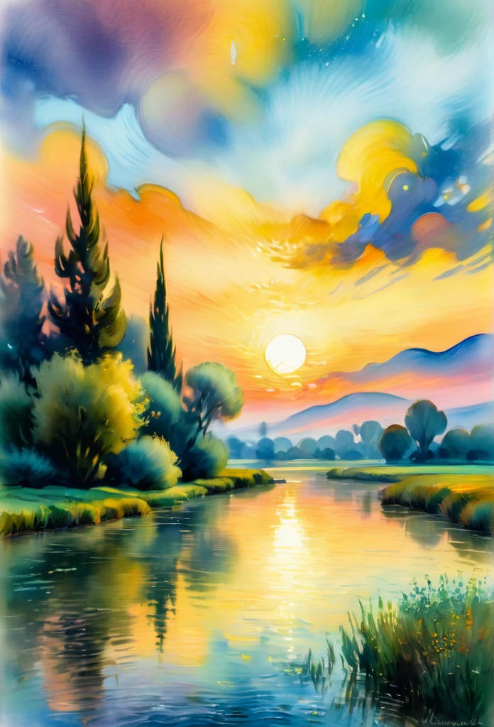 Micro peace, serene landscape, watercolor painting, calming, tranquility, Claude Monet, Vincent van Gogh, soft light, sunset, pastel colors, impressionism, brush strokes, 50 mm camera, bokeh effect