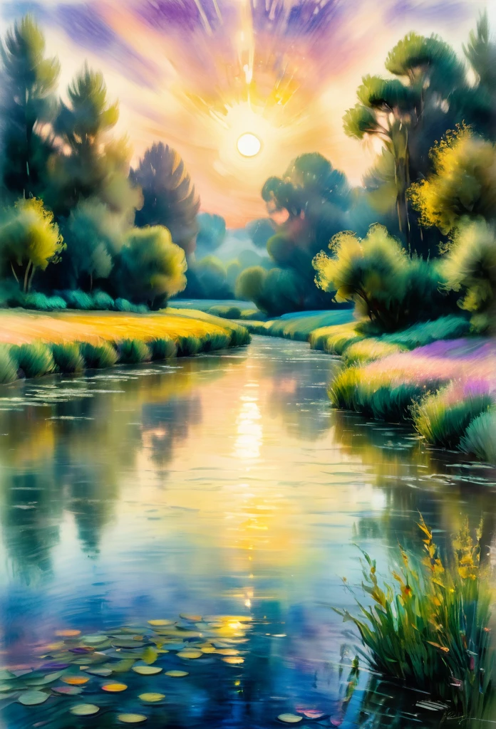 Micro peace, serene landscape, watercolor painting, calming, tranquility, Claude Monet, Vincent van Gogh, soft light, sunset, pastel colors, impressionism, brush strokes, 50 mm camera, bokeh effect