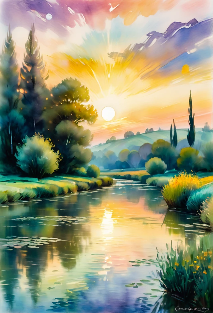Micro peace, serene landscape, watercolor painting, calming, tranquility, Claude Monet, Vincent van Gogh, soft light, sunset, pastel colors, impressionism, brush strokes, 50 mm camera, bokeh effect