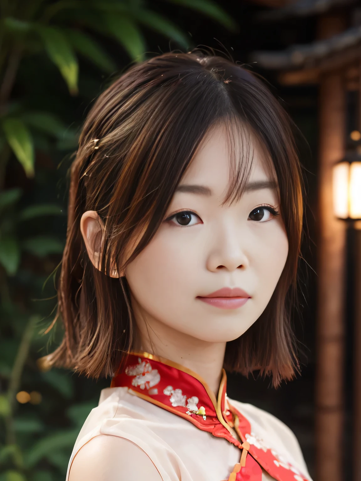 A woman wearing a Chinese dress、She is posing against the backdrop of a traditional Chinese garden.。There are red lanterns and bamboo in the background.、Let your feminine elegance and beauty shine through。