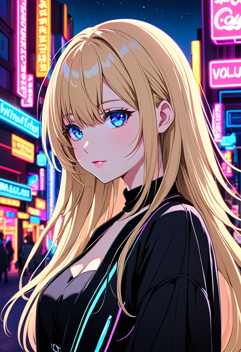 Anime young woman, blonde hair, fringe reparted in three parts, long and waivy hair, light and bright blue eyes, black simple and cute clothes, volumous chest, neon city background, neon lighting