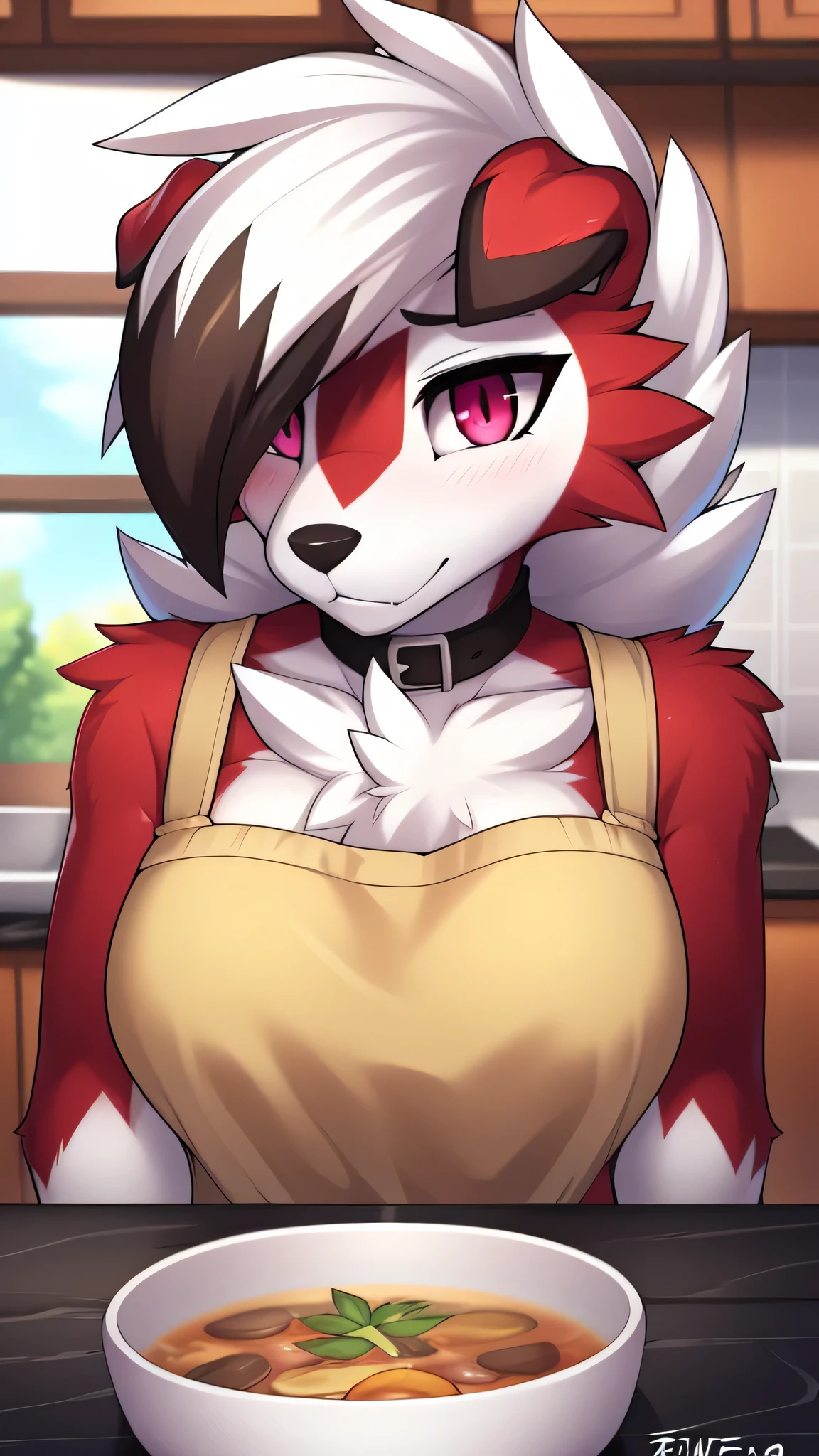 from Zinfew,отwistedscarlet60, uploaded to pixiv, from down-kevlar, (masterpiece), (Best quality), (Solo Woman:1.2), (extremely deTailed:1.3),(deTailed eye,black circle on the eye,Pink Eye), Lycanroc midnight, view in viewer, close view, Shy face, half body in portrait, only body and head, close view, Wear a kitchen apron,in the kitchen, carrying a bowl of soup, (Tail:1.1), Lycanrock close up photo