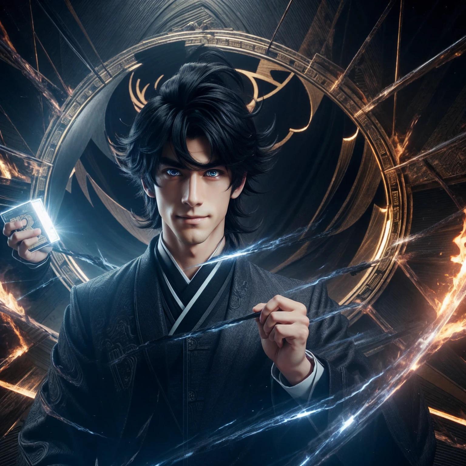 A handsome and anime boy,his eyes are red,his smile like devil,his hair black,and holding bitcoin in his hand